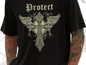 Gothic Cross & Wings Graphic T-Shirt in Black