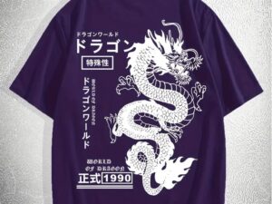 Maypra "World of Dragon" Japanese Graphic Back Print T-Shirt in Deep Purple